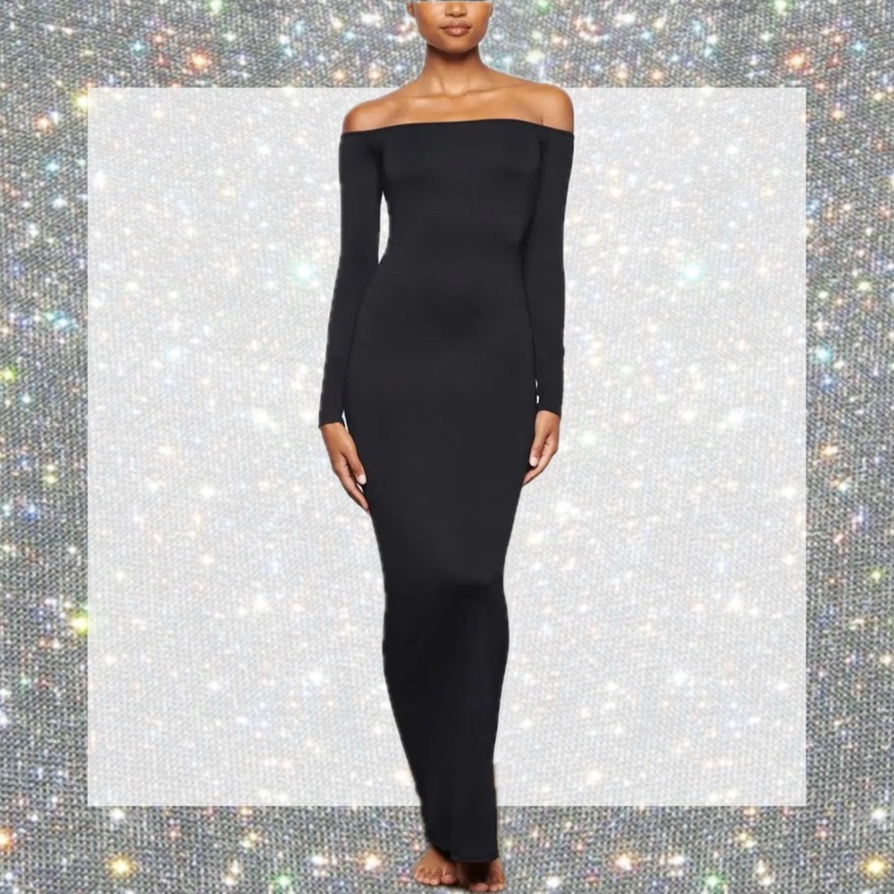 SKIMS Smooth Lounge Off The Shoulder Dress in Onyx size S NWT!